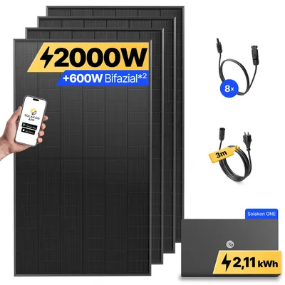 Produktbild von 2000W Balkonkraftwerk mit Speicher Solakon ONE (2,11 kWh) Solaranlage Steckerfertig WIFI Komplettset Photovoltaik Anlage 800W, Kabellänge: 3m