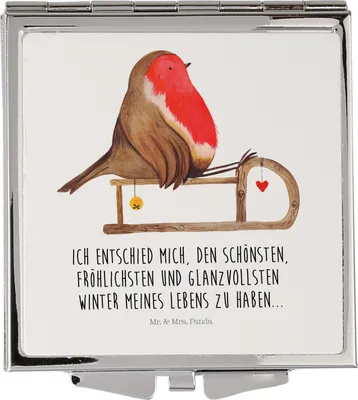 Produktbild von Mr. & Mrs. Panda Schminkspiegel Rotkehlchen Schlitten - Weiß - Geschenk, Kosmetikspiegel, Vogel, Weihnachten, Mini Spiegel, Klappbarer, Handspiegel, Klappspiegel