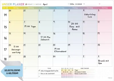 Produktbild von Monatsplaner abwischbar – A3 selbsthaftender Wochenplaner  – Whiteboard Planer für Wand, Kühlschrank & Tür – Familienkalender für bis zu 5 Personen