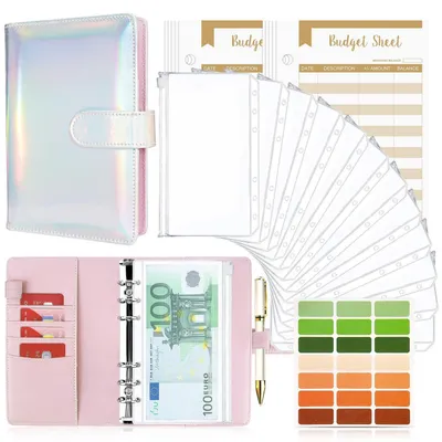 Image de Classeur de budget A6 en cuir, rose/argent, avec pochettes pour l'argent et accessoires