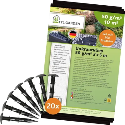 Produktbild von TTL Garden Unkrautvlies 50g/m² 2x5m inkl. 20 Erdanker – Gartenvlies UV-stabil schwarz