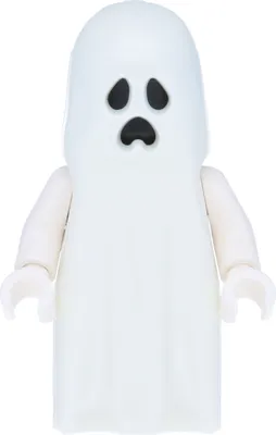 A LEGO ghost minifigure with a white sheet-like body and black eyes and mouth.