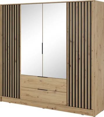 A wardrobe with mirrored doors and wooden accents.
