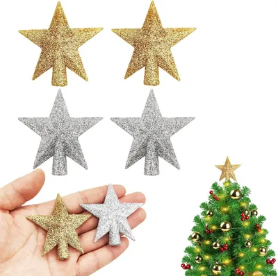 Christbaumspitze Stern 6 cm, 4er Set – Glitzer Gold & Silber