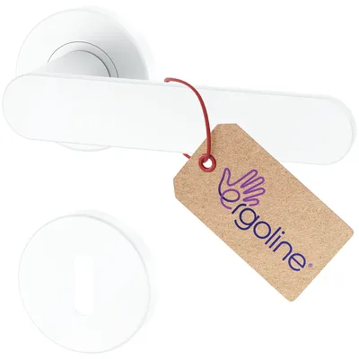 A white door handle set with a round rosette and a keyhole escutcheon, with a branded tag attached.