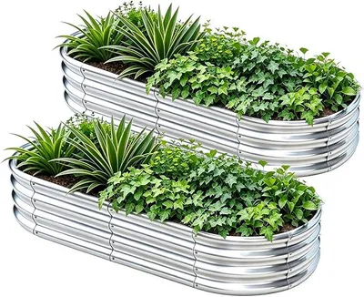 Imagen del producto de 2 unidades de jardinera elevada de metal, 180x90x29 cm. Jardinera de acero galvanizado para jardín, ideal para cultivar verduras, flores y hierbas. Diseño ovalado, 180x90x29 cm (6x3x1 pies). 2 unidades de jardinera elevada