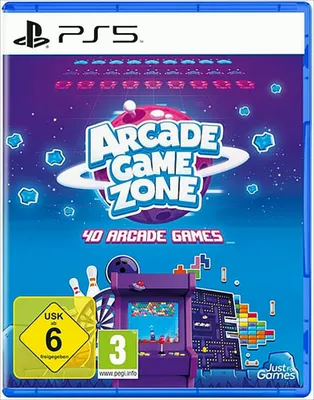 The image shows the cover art for the PS5 game 'Arcade Game Zone', featuring retro arcade game graphics and the PS5 logo.