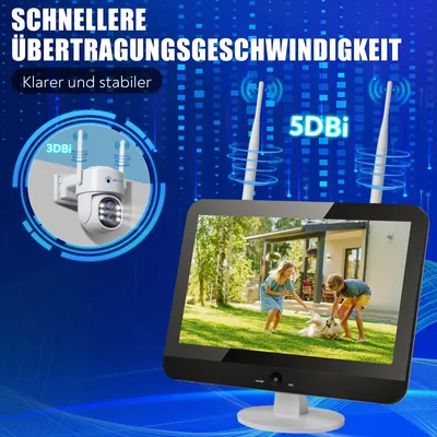 Produktbild von LUVISION Dual WLAN PTZ Überwachungssystem mit 12,5' Monitor,Mikrofon, Sirene, Nachtsicht, KI Bewegungsverfolgung, Kameras:8 Kameras