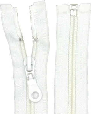 Two zippers are shown side-by-side against a white background. The zipper on the left is partially open, showing the slider and pull tab. The zipper on the right is closed.
