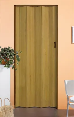 A closed folding door with a wood-like finish, standing in a room with a plant on a shelf to the left and a white chair to the right.