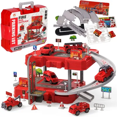 Produktbild von FEUERWEHR-PARKHAUS zum Aufbau, KOFFER-SET mit Zubehör, 38 Teile, ab 3 Jahren
