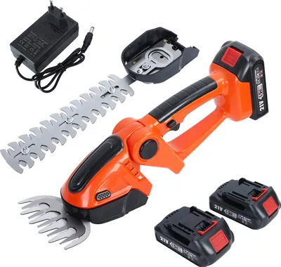Produktbild von Elektrische Heckenschere, Heckenschere kabellos, 2 in 1 Mini-Heckenschere & Grasschere, Handgeführte elektrische Grasschere mit 2 Akkus und Ladegerät