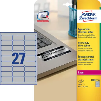 Produktbild von Avery Zweckform L6011-20 Typenschild-Etiketten, 63,5 x 29,6 mm, wetterfest, 20 Blatt/540 Etiketten, silber