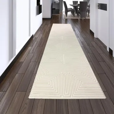 Produktbild von Moderner Kurzflorteppich Creme geometrisches Design mit Glanzstruktur für Wohnzimmer Schlafzimmer und Flur Größe - 80 x 300 cm