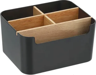 Image de Organiseur de bureau 5 compartiments en bambou avec porte-stylo - boîte de rangement pour stylos et cosmétiques - notes autocollantes - noir