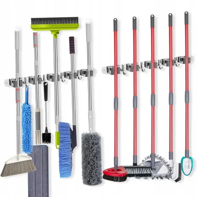Produktbild von 2 Stück Besenhalterung wand - Gartengeräte - Besen halterung - Wandhalterung besen - Gerätehalter - 5 Halterungen - 4 Haken - Edelstahl - Schwarz