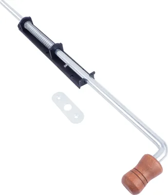 A product shot of a gate latch with a wooden handle and a small metal plate.
