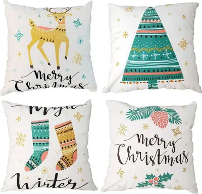 Produktbild von 4 Stück Kissenbezug Frohe Weihnachten Dekorative Kissenhülle Winter Schneeflocke Elk Weihnachtsbaum Muster Baumwolle Leinen Werfen Sie Kissenbezüge 45x45 cm