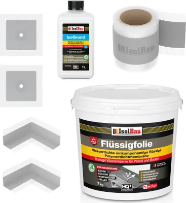 Produktbild von Isolbau Dicht-Set - Inkl. 1x Flüssigfolie (7 kg), 1x Grundierlösung (1 L), 1x Dichtband (5 m), 2x Innenecken & 2x Manschetten