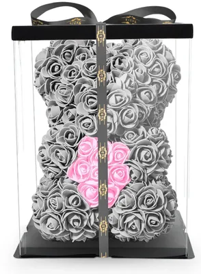 Produktbild von Rosen Bär Blumenbär mit Geschenkbox Geburtstagsgeschenk für Frauen Geschenk für Freundin zum Geburtstag Jahrestag Rose Teddybär Geschenk Grau 25 cm