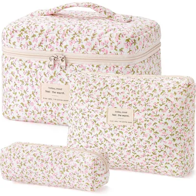 Productafbeelding van Cosmetica set, 3 stuks, bloemenprint, katoen, dames, reiskoffertje
