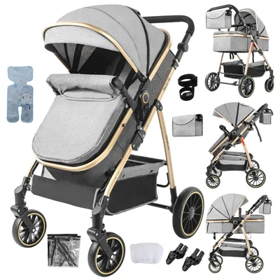 Produktbild von 3-in-1 Kinderwagen - Kombikinderwagen - Für geborene - Zusammenklappbar - Wende-Sitzeinheit - Volle Liegeposition - Leinenbezug - Grau