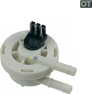 A white pressure sensor with a black connector and two tubes against a white background.