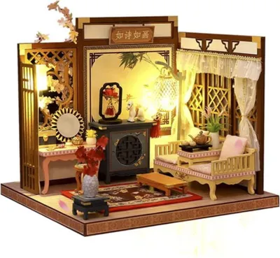 Produktbild von Habarri | Miniaturhaus - DIY-Puppenhaus - Holzhaus mit Möbeln und LED-Beleuchtung - Geschenk für Kinder - Nachmittagsruhe-Raum