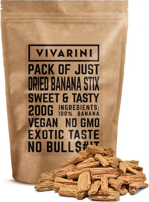 Obrázek produktu pro Vivarini – Sušené banánové tyčinky 200 g – 100 % přírodní, aromaticky sladké, křupavé a jemně se rozplývající – zdravá alternativa k občerstvení – z Ekvádoru
