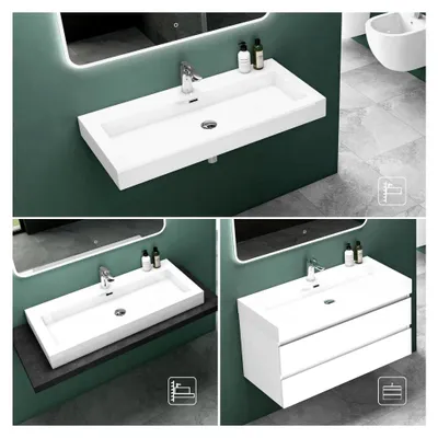 Produktbild von Waschbecken Hänge-Waschtisch Aufsatz-Waschschale Mineralguss Weiß 1 Armaturenloch rechteckig Breite: 60 cm