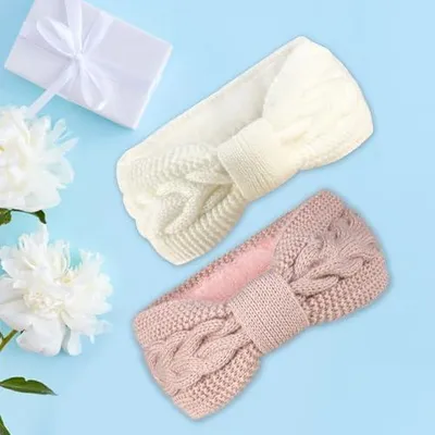 Produktbild von 2 Stück Damen-Winterstirnbänder, Mädchen-Stirnbänder, gestrickte elastische Haarbänder mit Fleecefutter, wärmende Stirnbänder für Herbst und Winter (Weiß und Rosa)