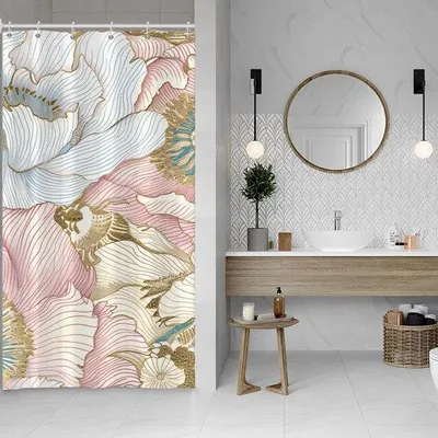 Image de Rideau de douche Azomor Elegante à motifs floraux pour salle de bains, avec propriétés hydrofuges