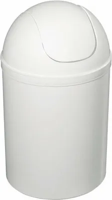 A white plastic trash can with a flip-top lid.