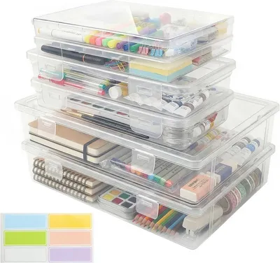 Immagine prodotto di Set di contenitori trasparenti, 6 pezzi, impilabili, di diverse dimensioni, ideali per l'ufficio e il fai-da-te