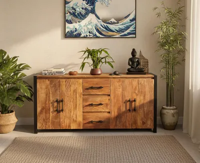 Zdjęcie produktu dla OPIUM OUTLET meble kredens komoda TV szafka kredens salon jadalnia drewno mango solidna metalowa rama vintage azjatycki indyjski orientalny