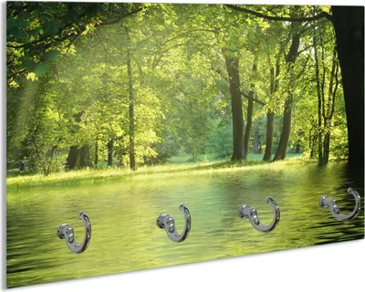 Produktbild von Wallario Schlüsselbrett aus Glas, Motiv: Idyllischer See im Wald bei Sonnenschein, 30 x 20 cm mit 4 Haken