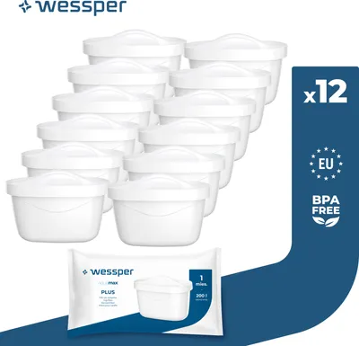 A stack of white water filter cartridges and a single packaged cartridge, with marketing text and icons on the right side.