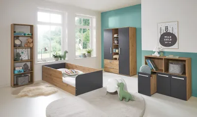 Produktbild von Kinderzimmer Komplettset 4-teilig – Bodenbett, Kleiderschrank, Standregal, Regal