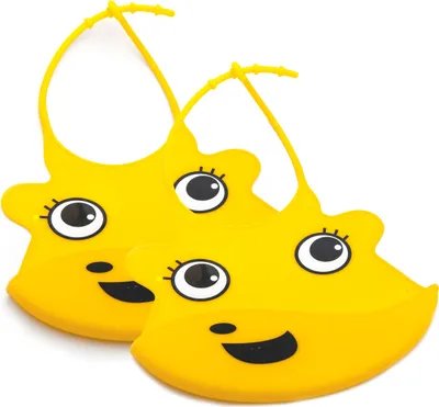 Produktbild von 2 Stück Baby Kinder Lätzchen mit Motiv Wasserdicht abwaschbar Farbe Gelb Silikon Babylätzchen verstellbar Latz mit Auffangschale Unizise Unisex