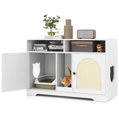 Zdjęcie produktu dla COSTWAY 108x50,5x73,5 cm kuweta dla kota kuweta dla 2 kotów, ukryta kuweta z 2 drzwiczkami, podwójne pomieszczenia, drapak i 2 maty sizalowe