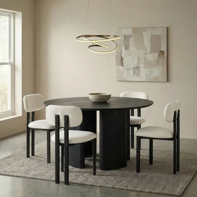 Produktbild von ARVIKA/FRANCA Essgruppe mit Tisch und 4 Stühlen, Schwarz/Weiß - Esstisch rund 120 cm, robuste pflegeleichte Tischplatte, Esszimmermöbel Set inklusive 4 Stühlen [max. Belastbarkeit 120 kg]