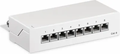 Immagine prodotto di Pannello di permutazione CAT 6 mini/desktop, 8 porte, (1 U), bianco - STP schermato, bianco