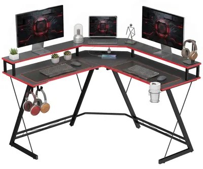 Image de Bureau d'ordinateur en forme de L - Équipé de prises de courant et d'un support pour écran - Dimensions : 128 x 128 cm - Structure métallique - Couleur : noir