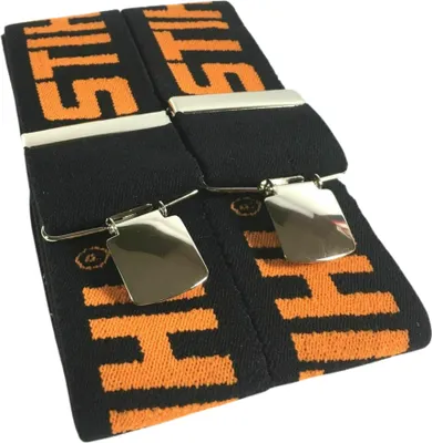 A pair of black suspenders with orange lettering and silver clips, presented against a white background.