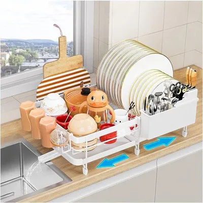 Produktbild von Ablaufregal, 360° drehbar, abnehmbar, weiß, mit Besteckhalter