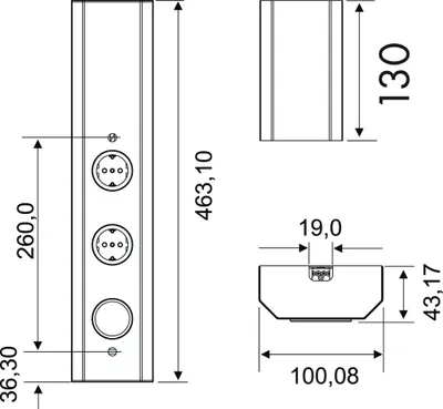 Immagine prodotto di MIRA WAND Elemento di presa a 2 pieghe in acciaio inox con interruttore per illuminazione / prese di corrente / striscia di prese di corrente