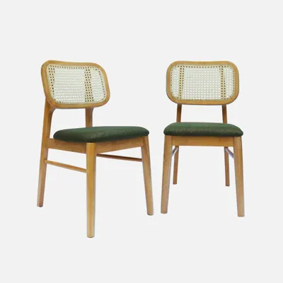 Immagine prodotto di Set 2 sedie bohemien in legno di hevea e impagliatura, Verde kaki