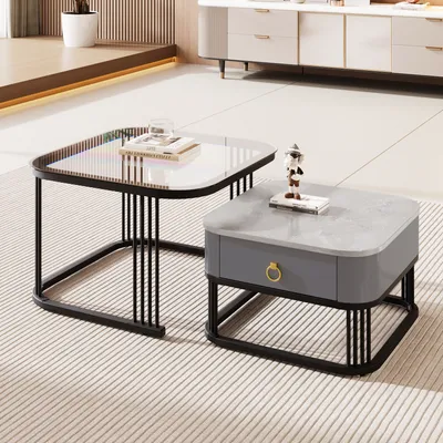 Produktbild von MODFU Couchtisch Wohnzimmertisch Quadratischer 2er Set für Wohnzimmer, Schlafzimmer Balkon mit schwarz Metallrahmen , Beistelltisch Satztisch mit Glasplatte und Grau Marmormuster, Schwarz und Grau