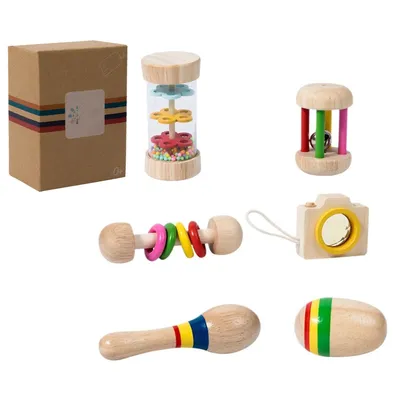 Produktbild von Frühförderung Holz Baby Spielset 6-teilig, Kinder Rassel Set, Klangspielzeug, Greif- und Lernspielzeug für Babys & Kleinkinder,Baby Geschenk