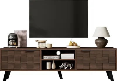 Zdjęcie produktu dla Fortuna Lai Nowoczesna szafka pod telewizor z 2 drzwiami i 2 otwartymi półkami w kolorze ciemnego drewna – 160,5 x 35,5 x 45 cm